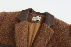 Single Breasted Wool Jacket with Leather Pocket - Brown