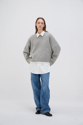 Shearling-Trim Oversized Knit Sweater - Grey