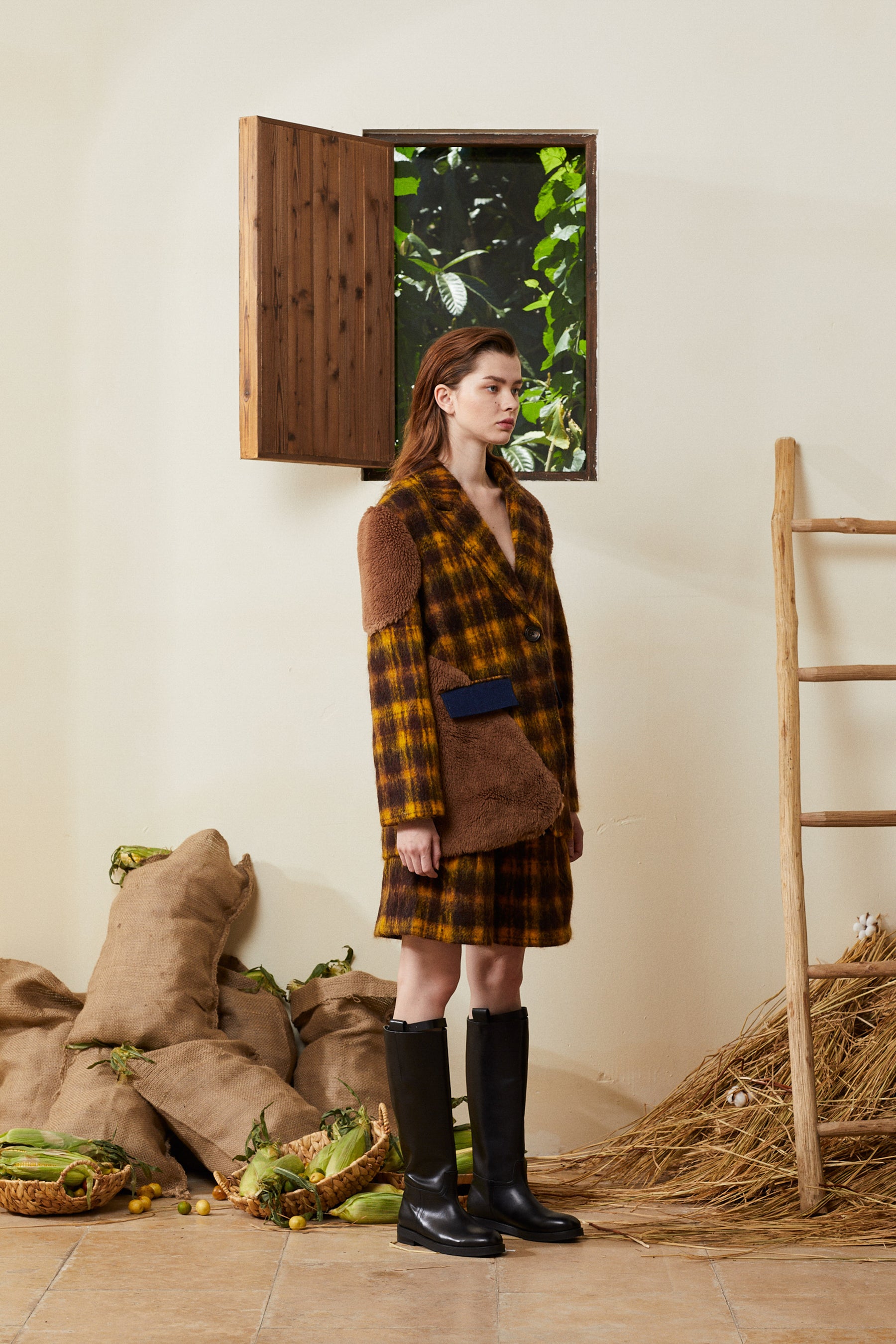 Patched Teddy Wool Coat - Plaid - 310MOOD