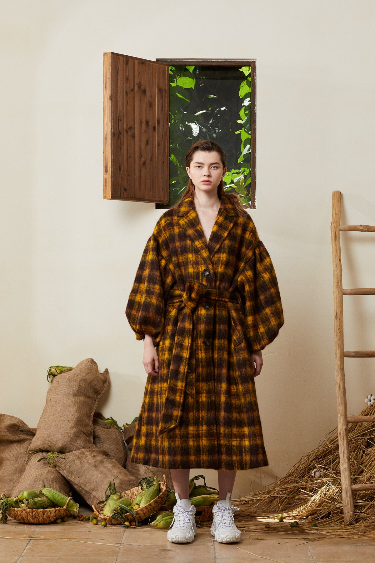 SAMPLE | Puff Sleeve Maxi Mohair Coat - Plaid /S - 310MOOD