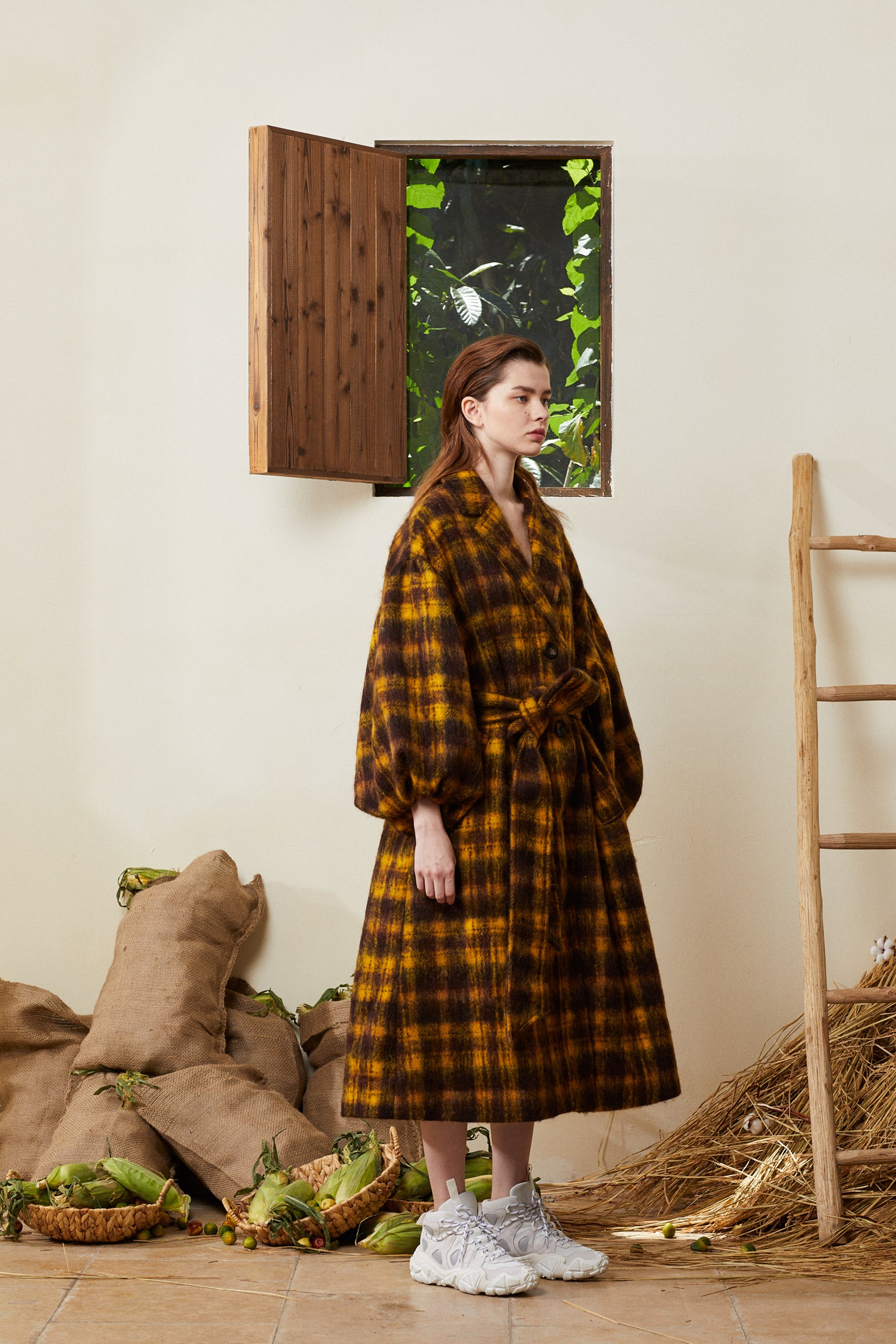 SAMPLE | Puff Sleeve Maxi Mohair Coat - Plaid /S - 310MOOD