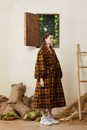 SAMPLE | Puff Sleeve Maxi Mohair Coat - Plaid /S - 310MOOD