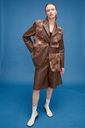 Patched Vegan Leather Coat _ Brown