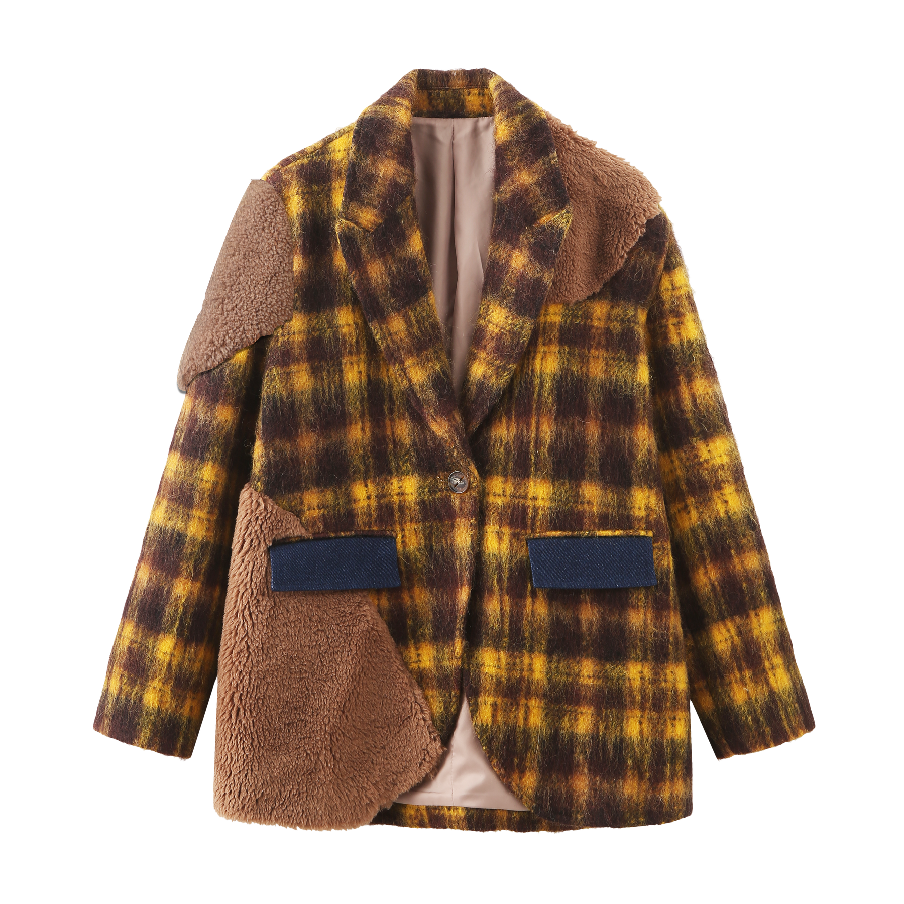 Patched Teddy Wool Coat - Plaid - 310MOOD